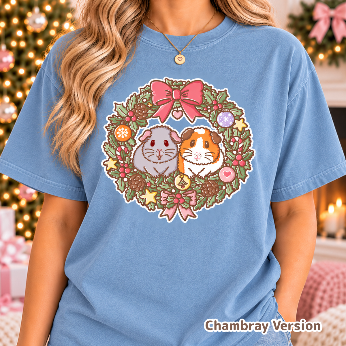 Model wearing the Chambray Christmas guinea pig T-shirt.