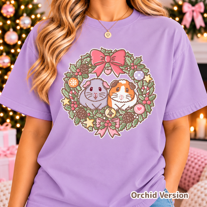 Model wearing the Orchid purple Christmas guinea pig T-shirt.
