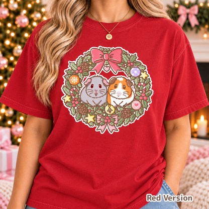 Model wearing the red Earl Grey and Teacake Christmas wreath T-shirt.