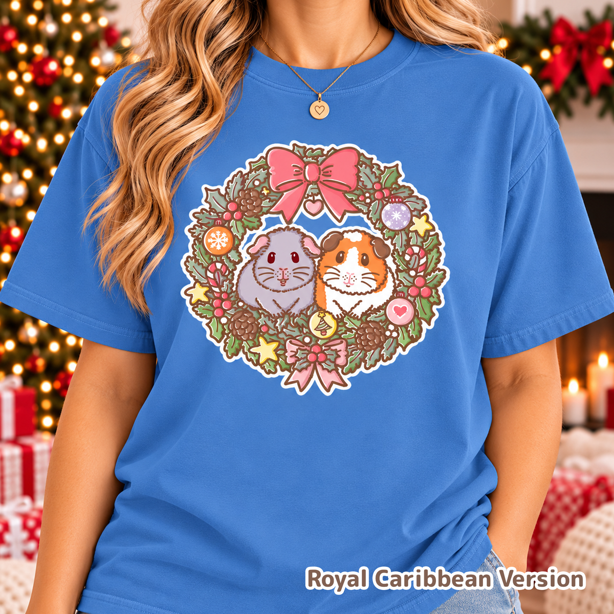 Model wearing the Royal Caribbean blue Christmas guinea pig T-shirt.