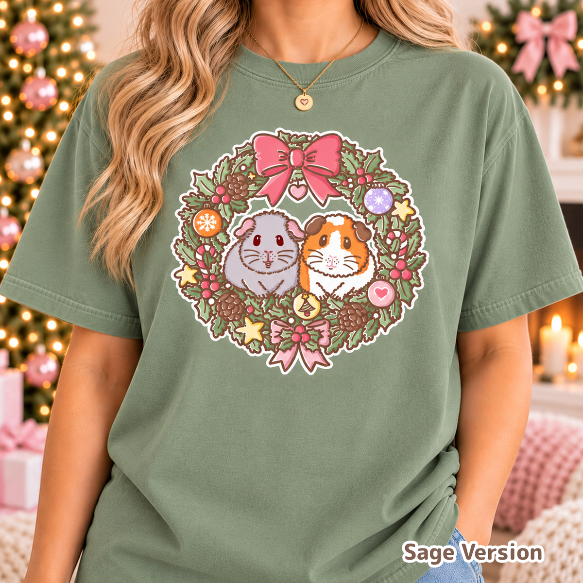 Model wearing the Sage green Earl Grey and Teacake Christmas T-shirt.
