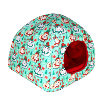 Festive Guinea Pig Design Hidey House for Guinea Pigs, elevated front side view of the empty hideout