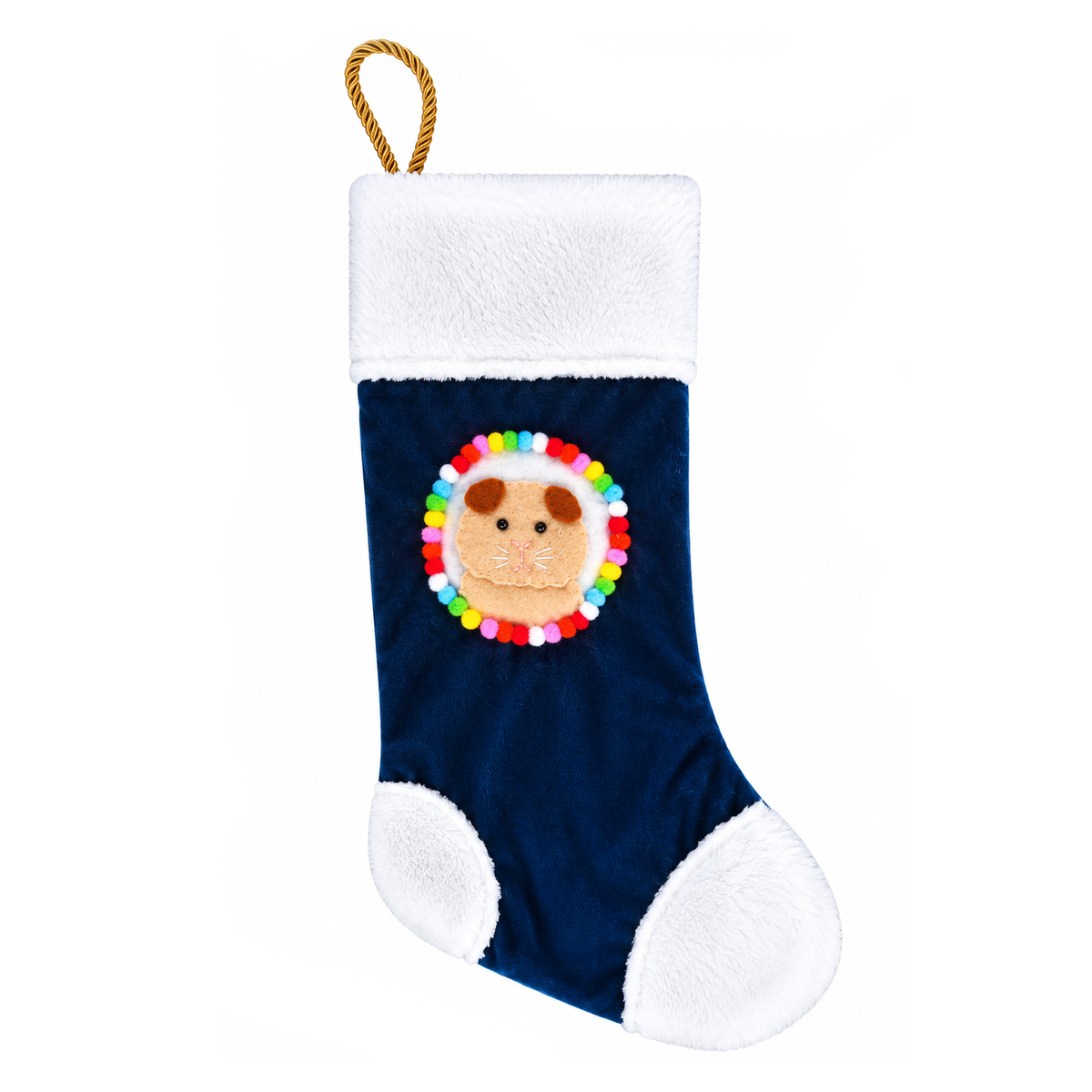 Handmade navy blue guinea pig Christmas stocking featuring a fluffy cream and ginger felt guinea pig with brown ears, colourful pom-pom border, soft white fleece trim and gold rope hanging loop.