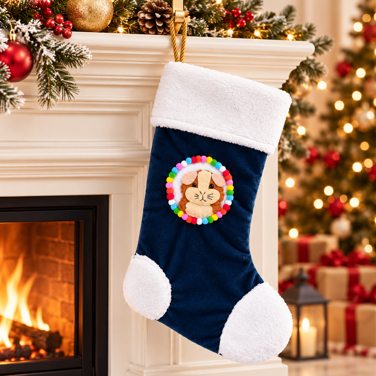 Fluffy ginger and cream guinea pig Christmas stocking hanging beside a decorated Christmas fireplace, featuring a felt guinea pig design inspired by fluffy breeds, navy blue velvet, white fleece trim, colourful pom-poms and gold rope hanging loop.
