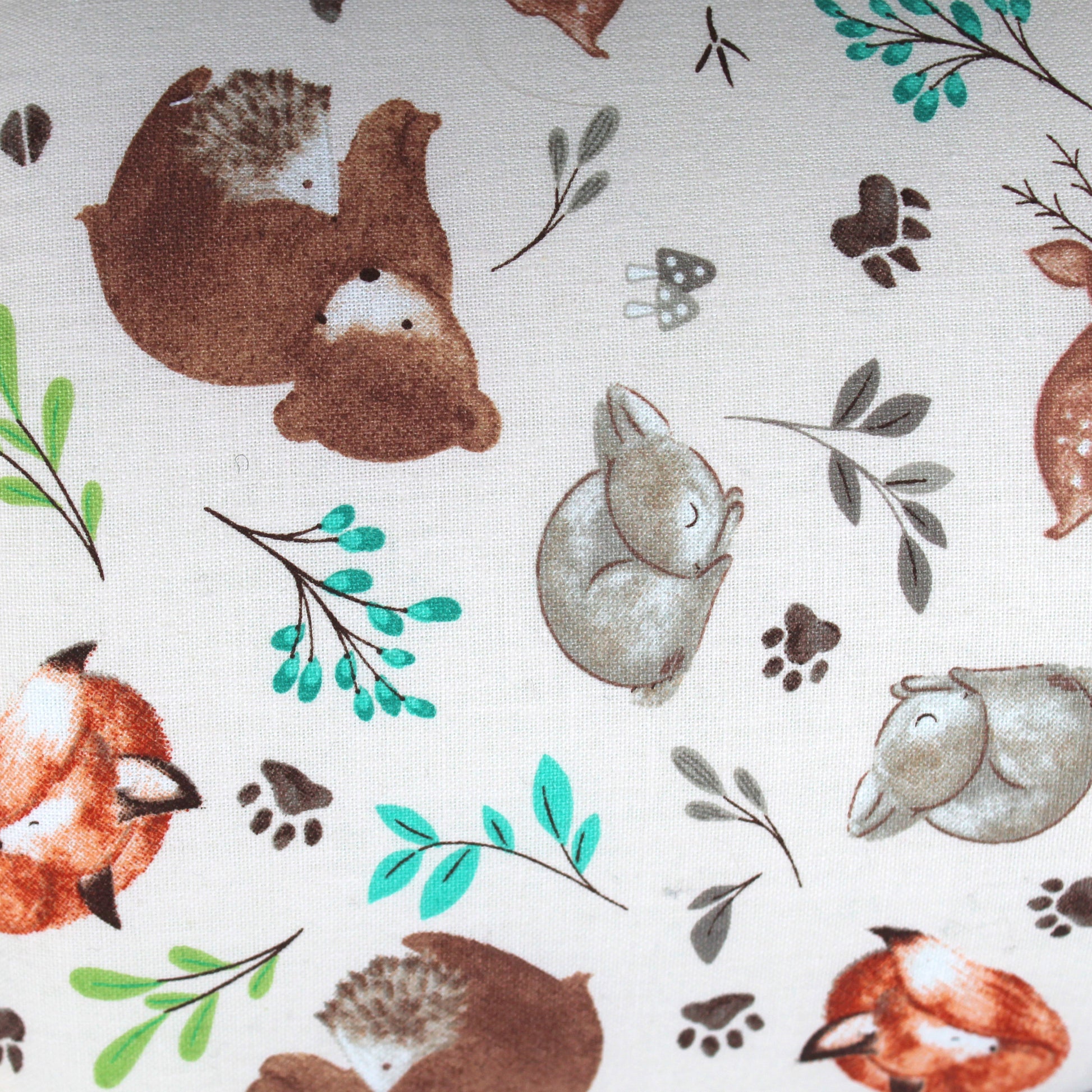 Woodland Pattern Guinea Pig Cuddle Cup, close up of the woodlands cotton fabric design