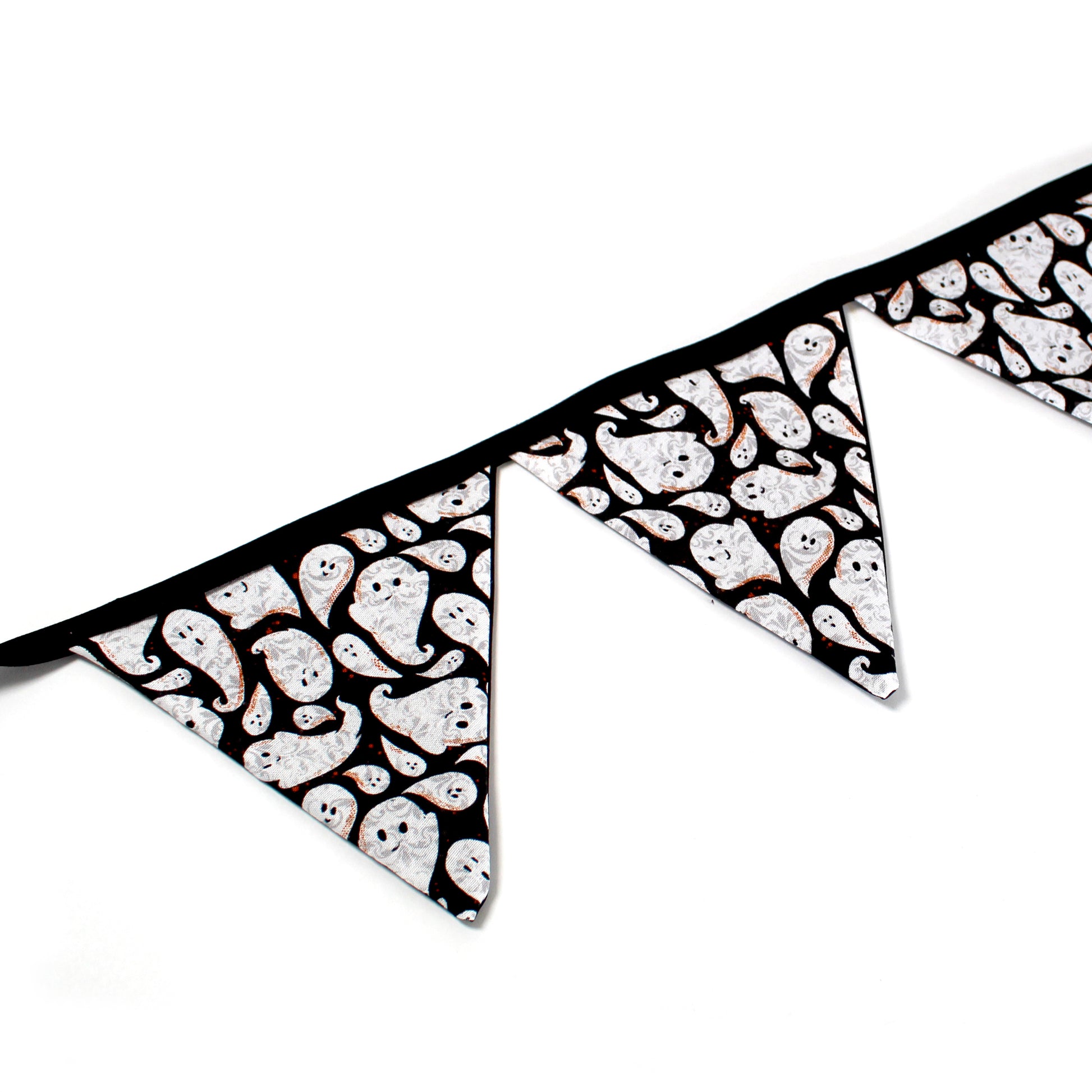 Large Halloween Ghost Bunting, close up of the banner showing the detail of the ghost pattern on the flags