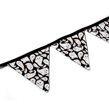 Large Halloween Ghost Bunting, close up of the banner showing the detail of the ghost pattern on the flags