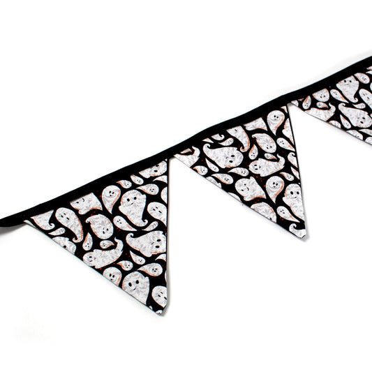 Large Halloween Ghost Bunting, close up of the banner showing the detail of the ghost pattern on the flags