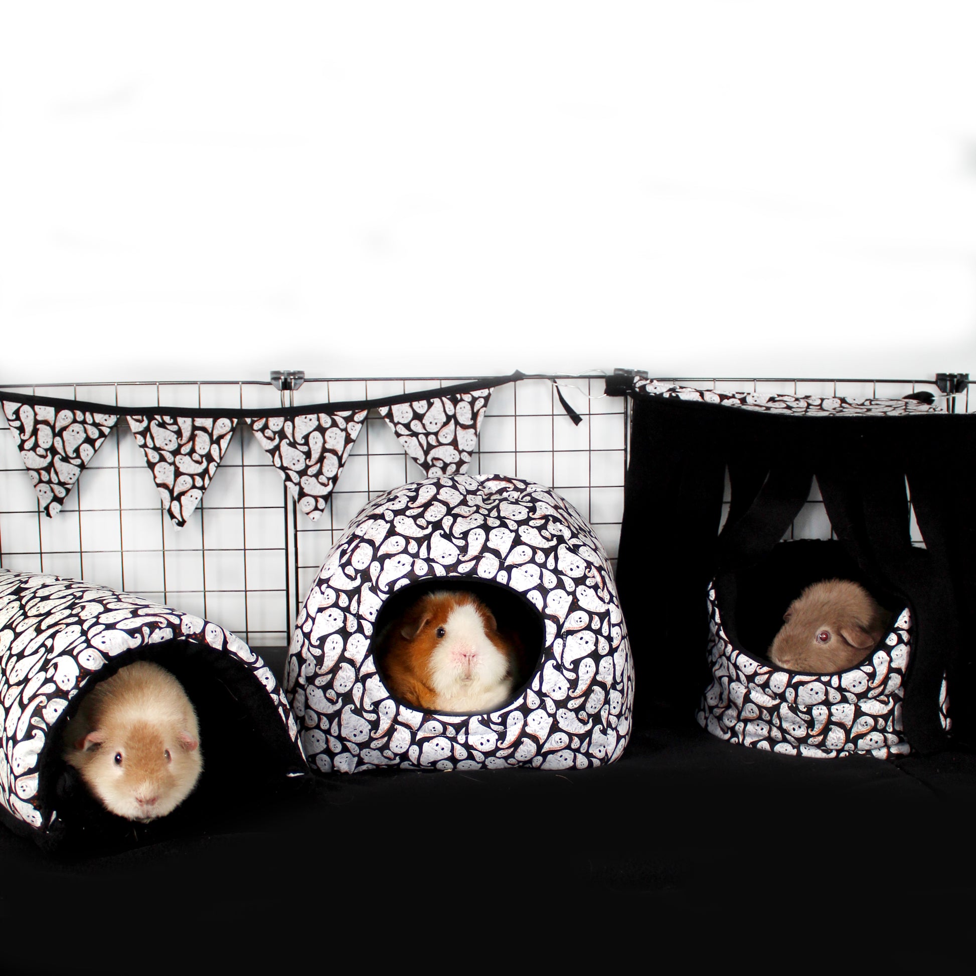 Fleece Guinea Pig Accessories with a ghost theme, example cage layout