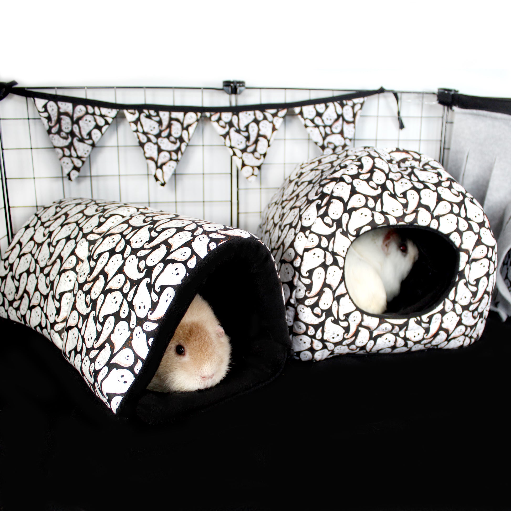 Large Halloween Ghost Bunting, hung over a cage with guinea pigs enjoying matching tunnel and hidey house

