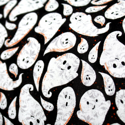 Halloween Ghost Material, Close up view of the cotton fabric showing the spooky ghost pattern