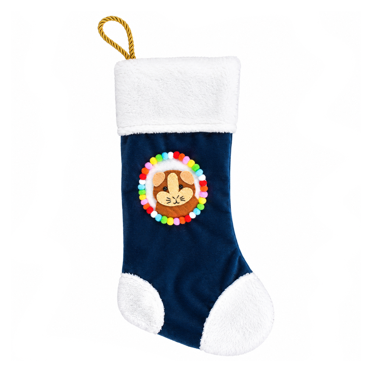 Handmade ginger and cream guinea pig Christmas stocking with navy blue recycled velvet, soft white cuddle fleece trim, felt guinea pig decoration, colourful pom-poms and gold rope hanging loop.