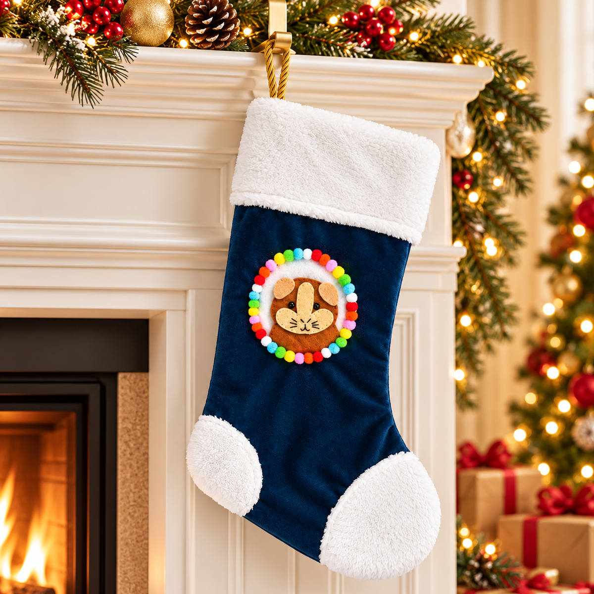 Ginger and cream guinea pig Christmas stocking hanging beside a decorated Christmas fireplace, featuring a handmade felt guinea pig design, navy blue velvet, fluffy white trim, colourful pom-poms and gold rope hanging loop.