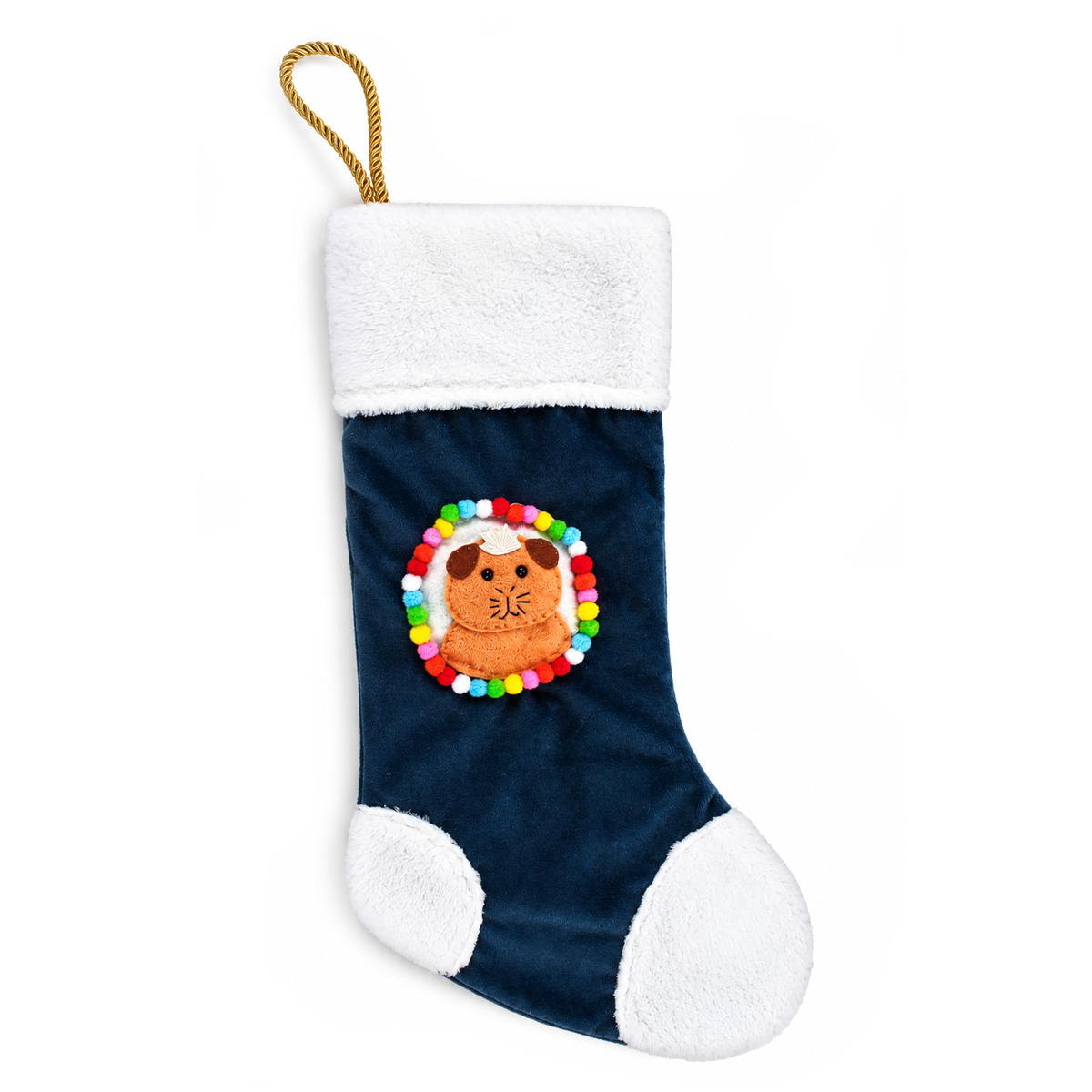 Handmade ginger guinea pig Christmas stocking with white crest, navy blue recycled velvet, fluffy white fleece trim and colourful pom-poms.