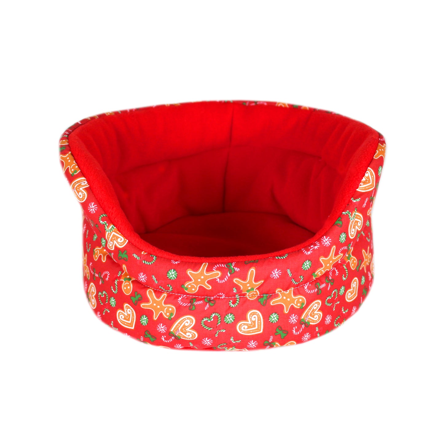 Red Gingerbread Guinea Pig Cuddle Cup, front view of the empty bed