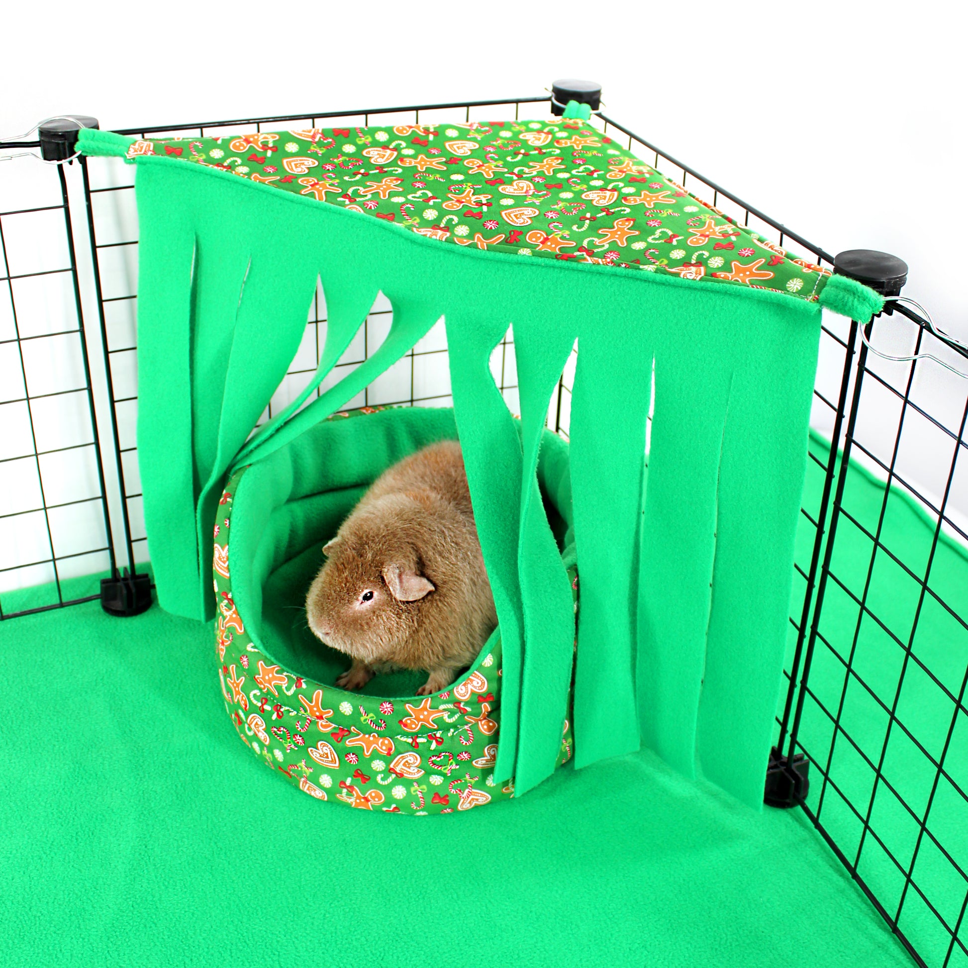 Pet cage with a green hammock and floral cushion, featuring a small animal.