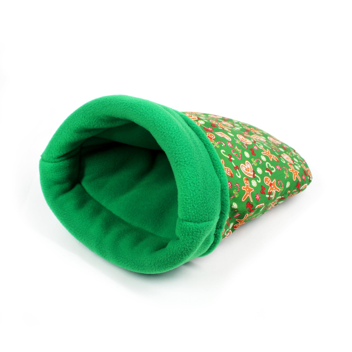 Green pet bed with a patterned interior on a white background