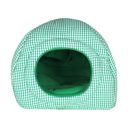 Green Gingham Guinea Pig Hidey House, front view of the hidey hut