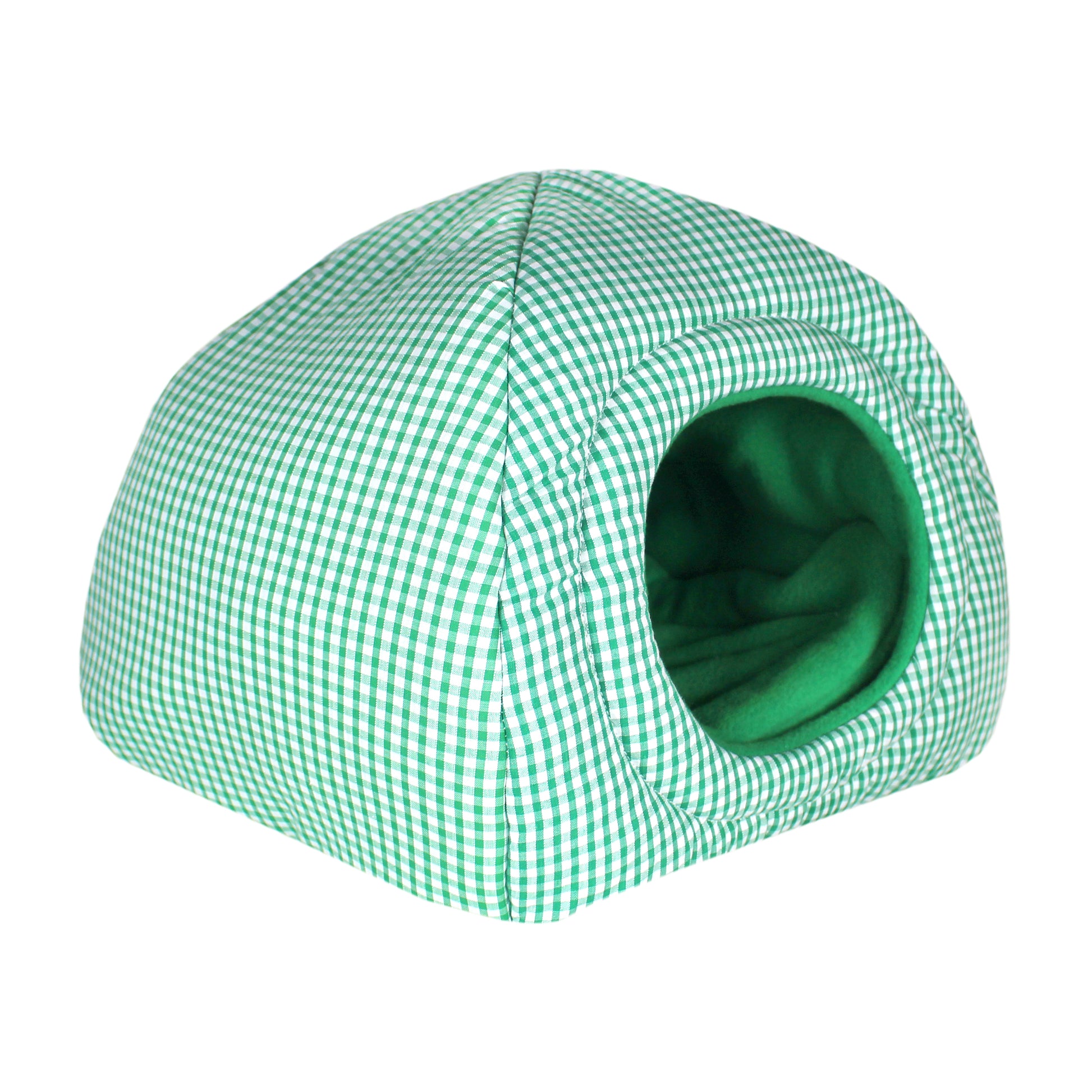 Green Gingham Guinea Pig Hidey House, elevated side view of the empty hide