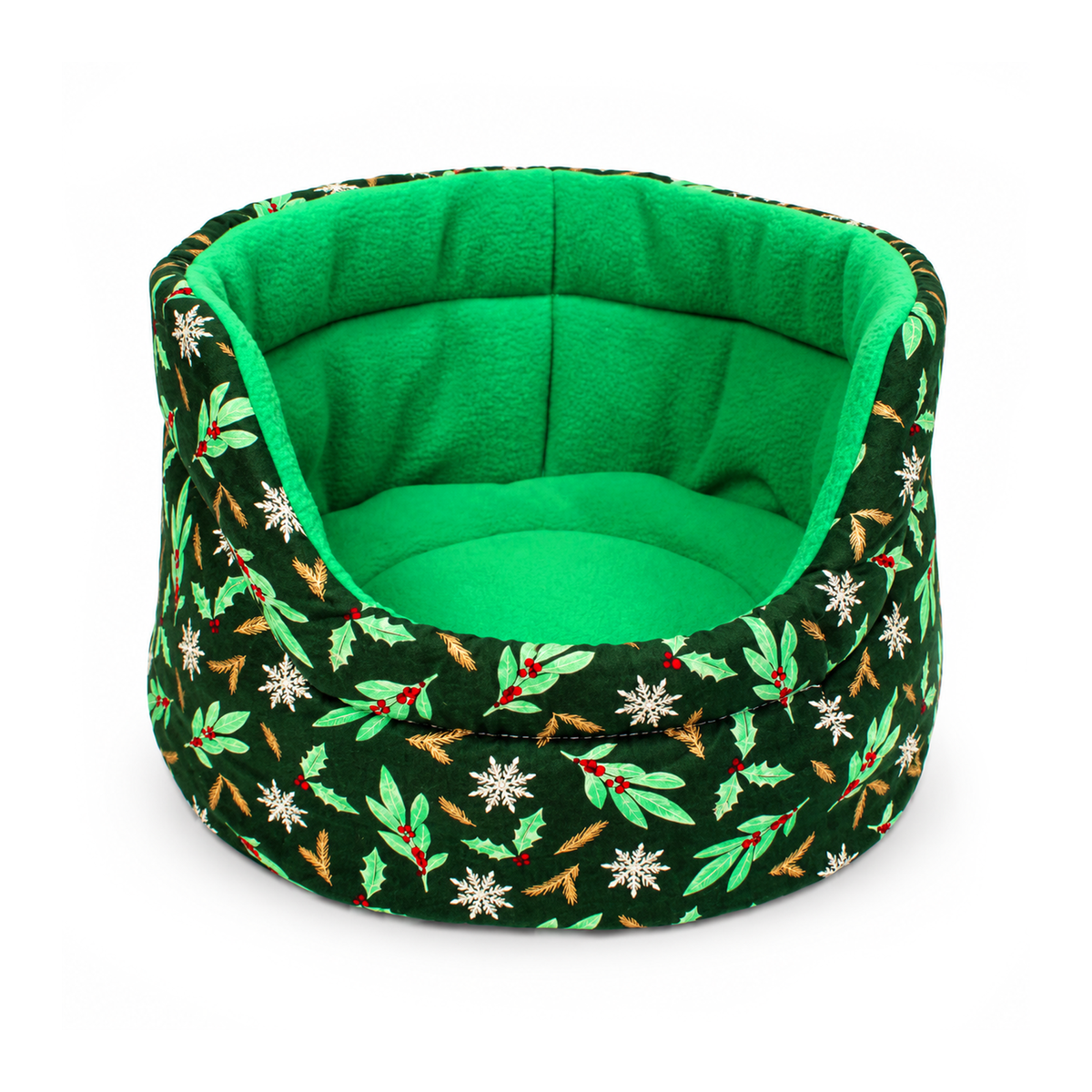 Front view of a festive guinea pig cuddle cup with forest green cotton fabric, holly leaves, red berries, white snowflakes and gold foliage