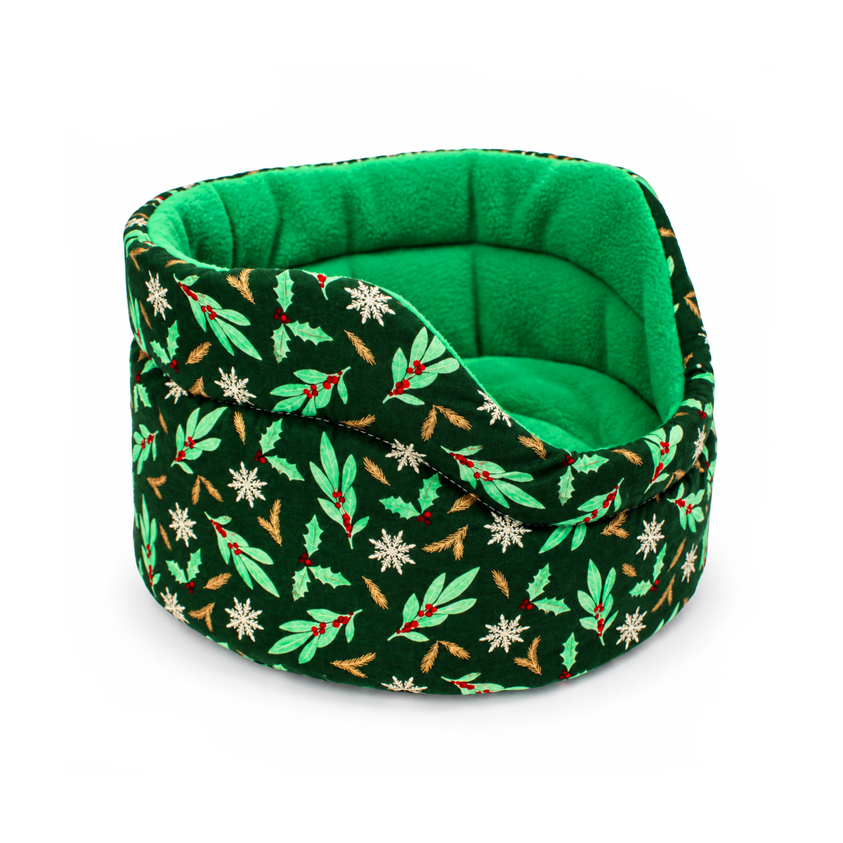 Side view of a handmade Christmas cuddle cup bed for guinea pigs with a dark green festive print and bright green fleece lining