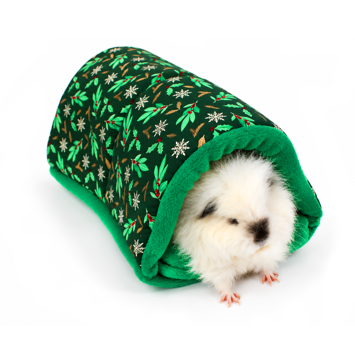 Guinea pig peeking out of a handmade Christmas snuggle tunnel with dark green holly print cotton and bright green fleece lining