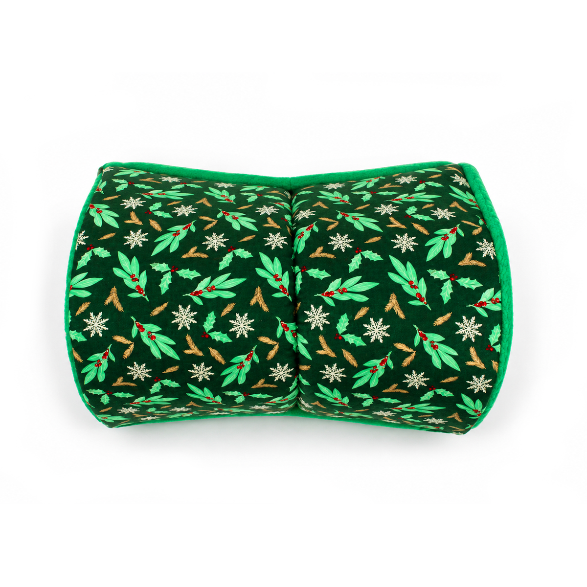 Rear view of a festive holly print snuggle tunnel for guinea pigs showing the forest green cotton outer fabric