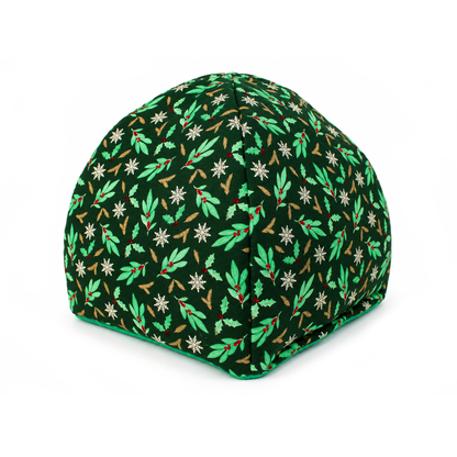 Rear view of the Festive Holly guinea pig hidey house showing its rounded forest green Christmas print exterior