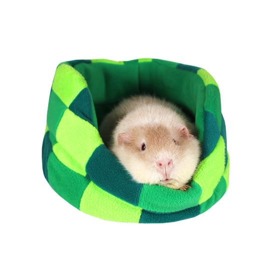 Green Patchwork Guinea Pig Cuddle Cup Bed, alternative front view of the bed for guinea pigs with a guinea pig snuggled inside