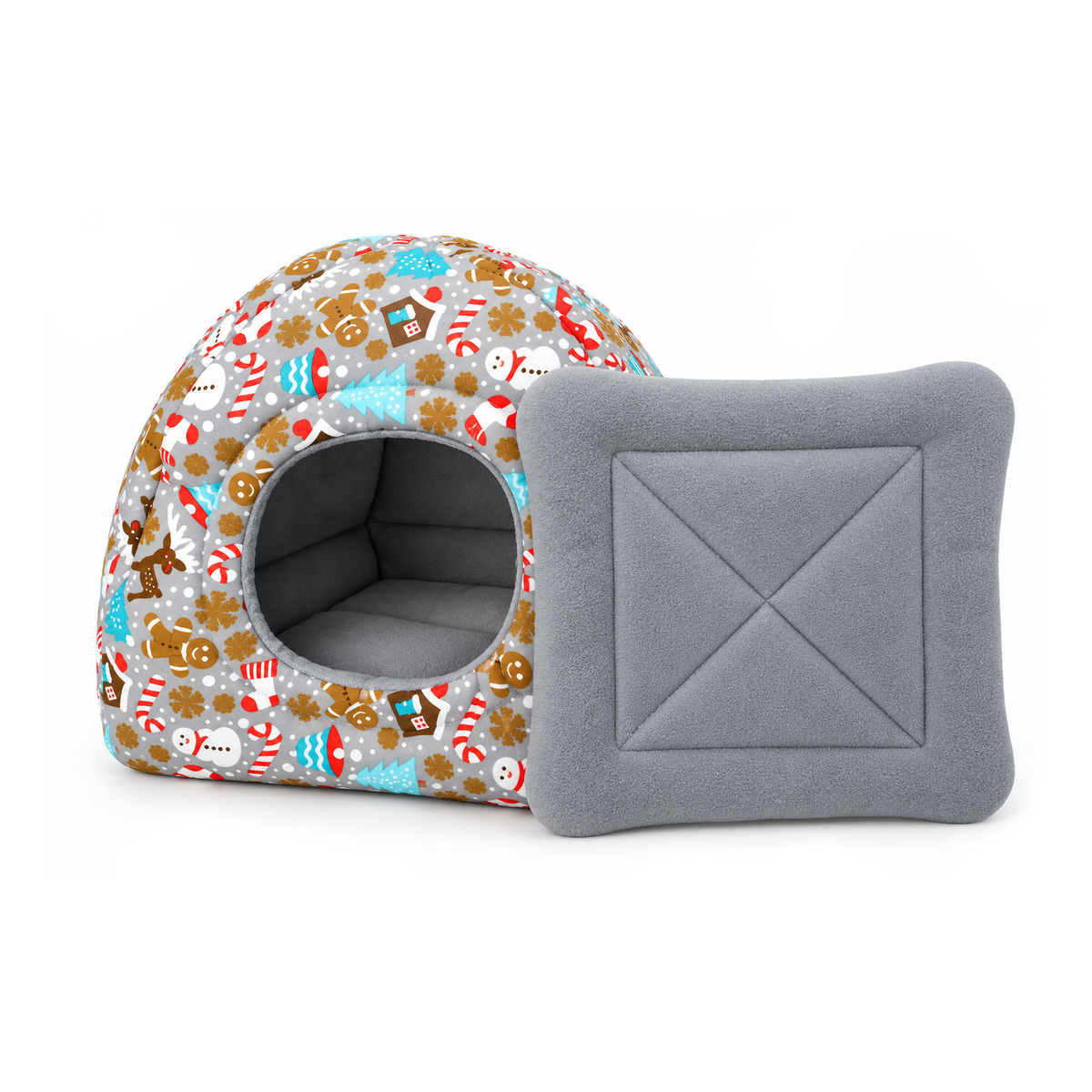 Grey Christmas gingerbread guinea pig hidey house with a matching grey removable absorbent pee pad displayed beside the entrance