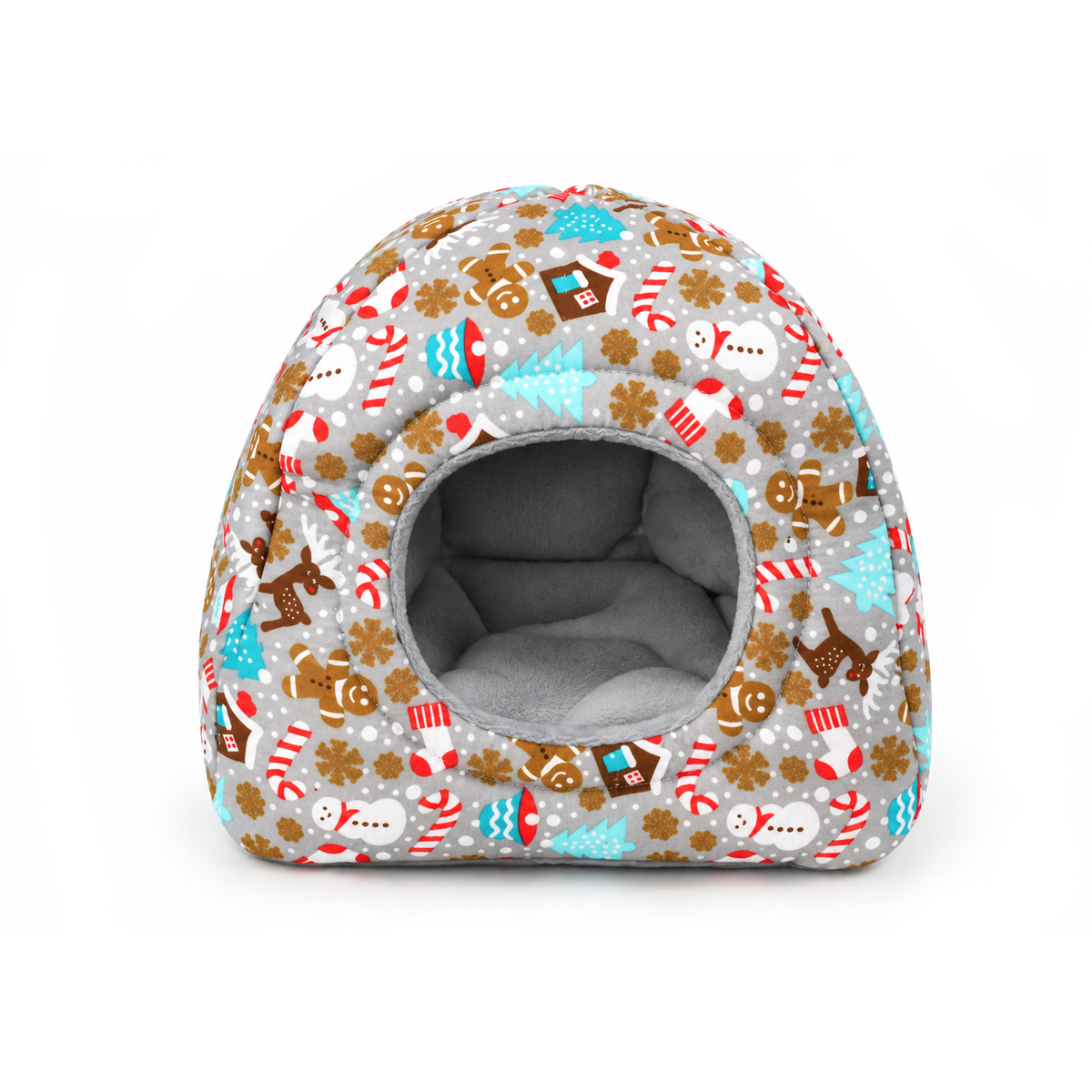 Front view of a grey Christmas hidey house for guinea pigs decorated with gingerbread men, snowmen, candy canes and turquoise Christmas trees
