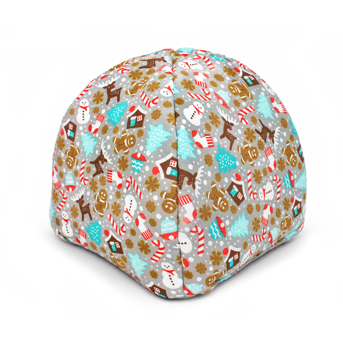 Rear view of a grey Christmas gingerbread hidey house for guinea pigs showing the colourful festive cotton print