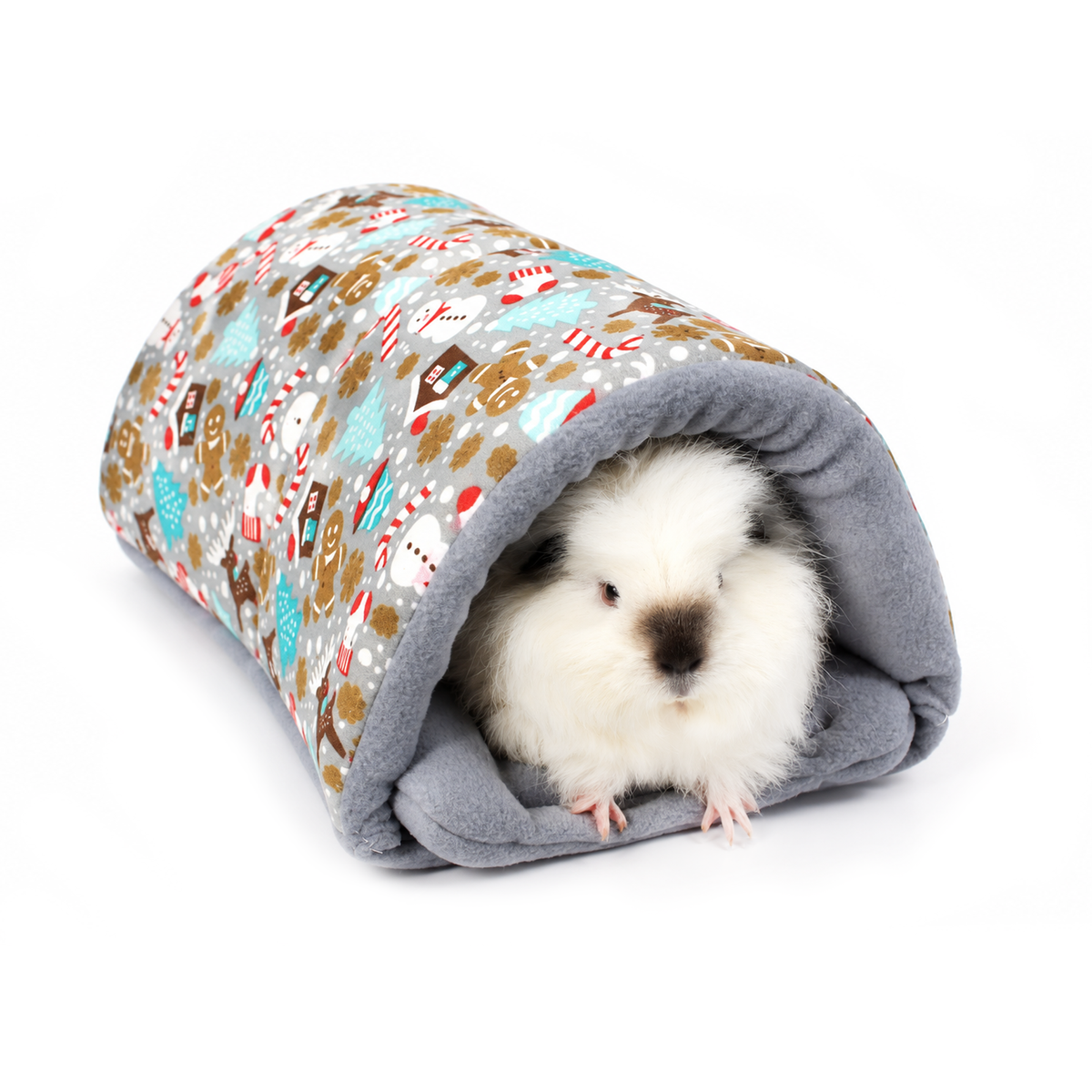 Grey Christmas gingerbread squish tunnel for guinea pigs with festive cotton outer, grey anti-pill fleece lining and Swiss Roll peeking out of the entrance