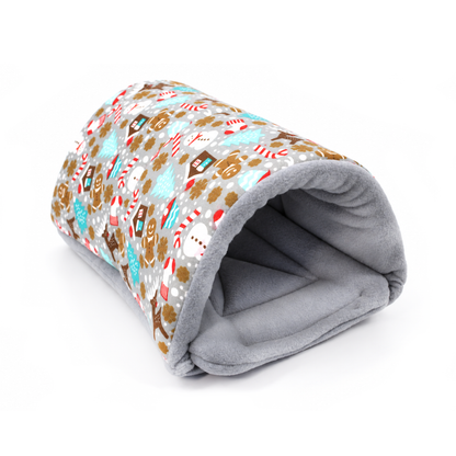 Grey Christmas gingerbread squish tunnel showing its colourful festive cotton outer and soft grey anti-pill fleece lining