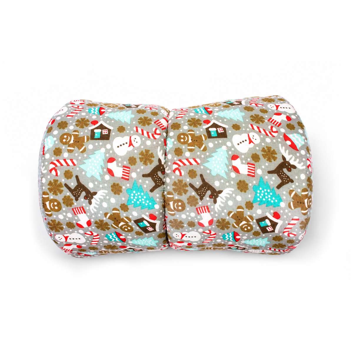 Top view of a handmade grey Christmas gingerbread squish tunnel for guinea pigs with a festive printed cotton outer