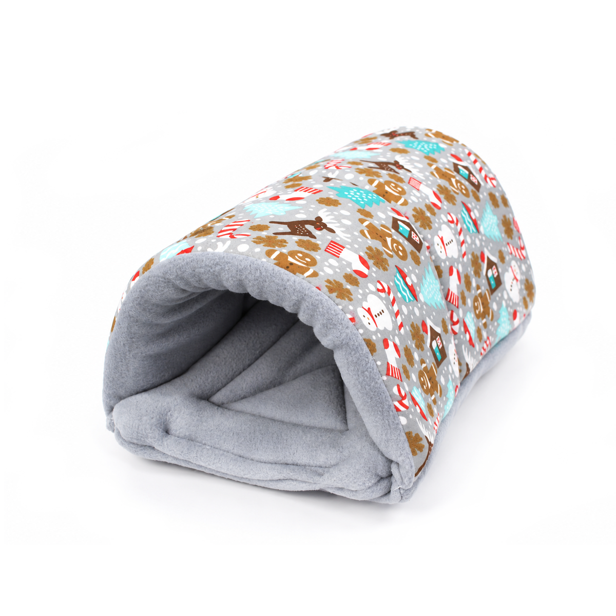 Side view of a grey cotton Christmas squish tunnel for guinea pigs featuring gingerbread men, candy canes, snowflakes and Christmas trees