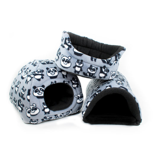 Two pet houses with panda pattern on a white background