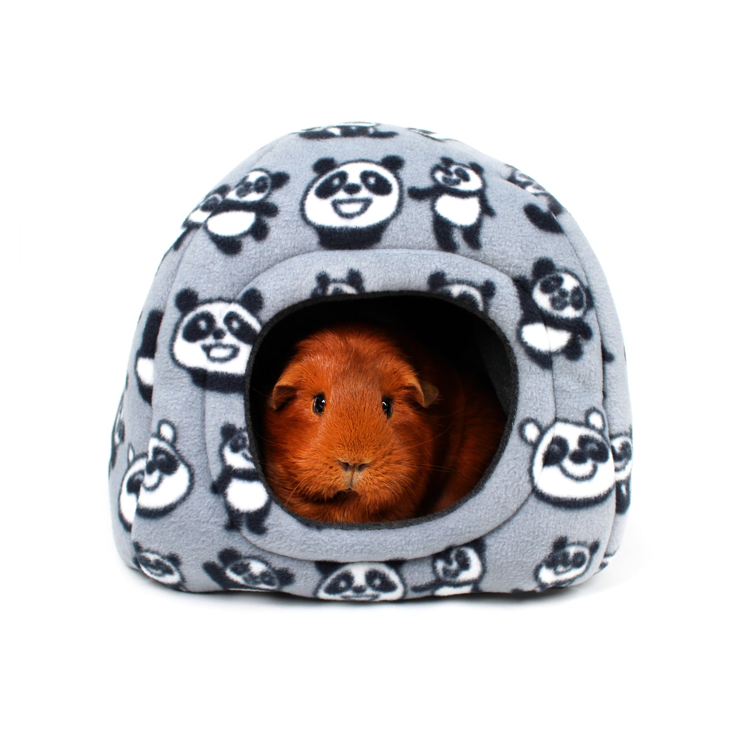 Gray pet house with panda pattern and a guinea pig inside on a white background