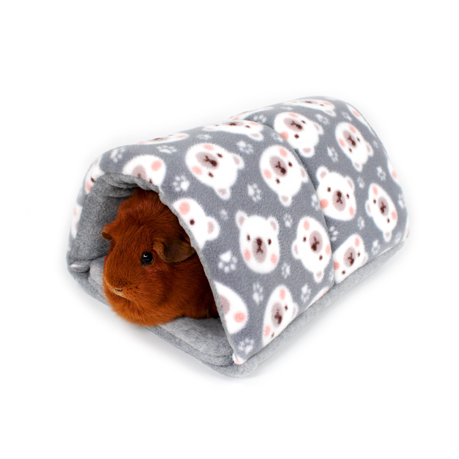 Small animal bed with bear pattern and guinea pig peeking out on a white background