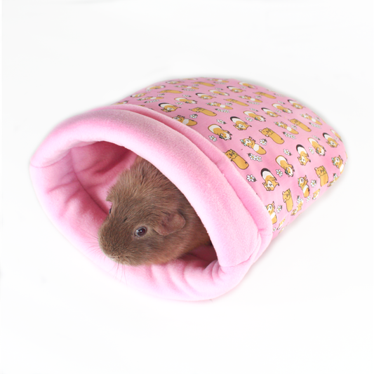 Pink Guinea Pig Pattern Cuddle Sack, front view with a guinea pig inside the snuggly sack