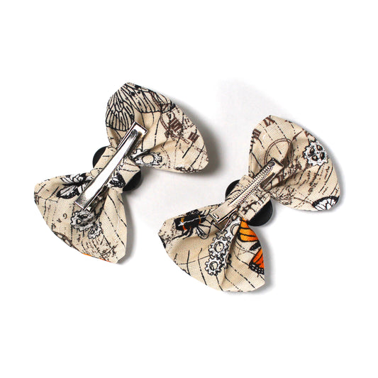 Pair Of Steampunk Butterfly Hair Bows, rear of the hair slides showing the high quality crocodile clips