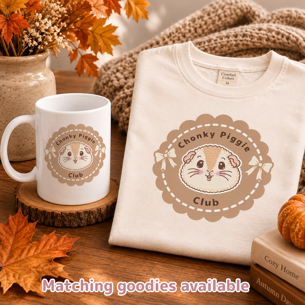 A folded cream T-shirt and a white mug both printed with a round 'Chunky Piggie Club' graphic featuring a guinea pig face and decorative scalloped border, styled on a wooden surface with autumn leaves, a knit blanket, and books.