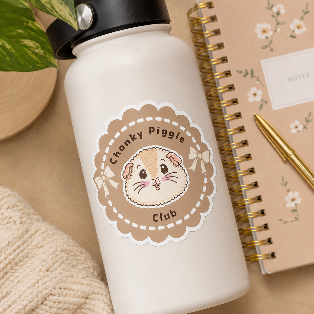 Chonky Piggy Club guinea pig sticker on a white tumbler