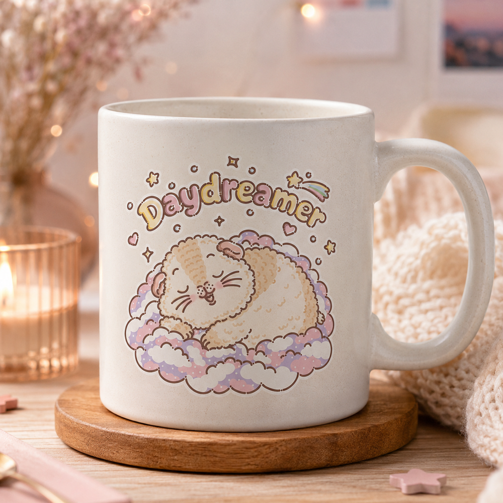 Daydreamer guinea pig mug with Halloumi design in a cosy setting