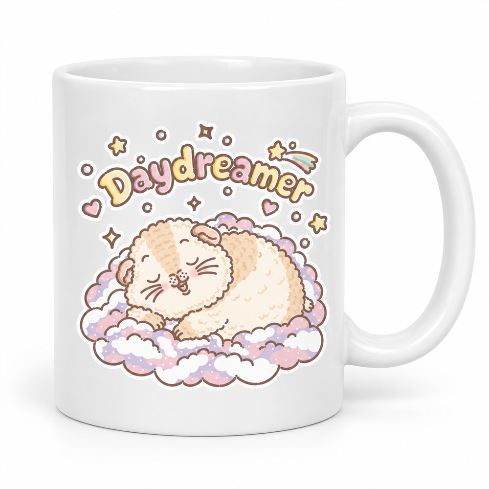 Halloumi the Daydreamer guinea pig mug with fluffy guinea pig design
