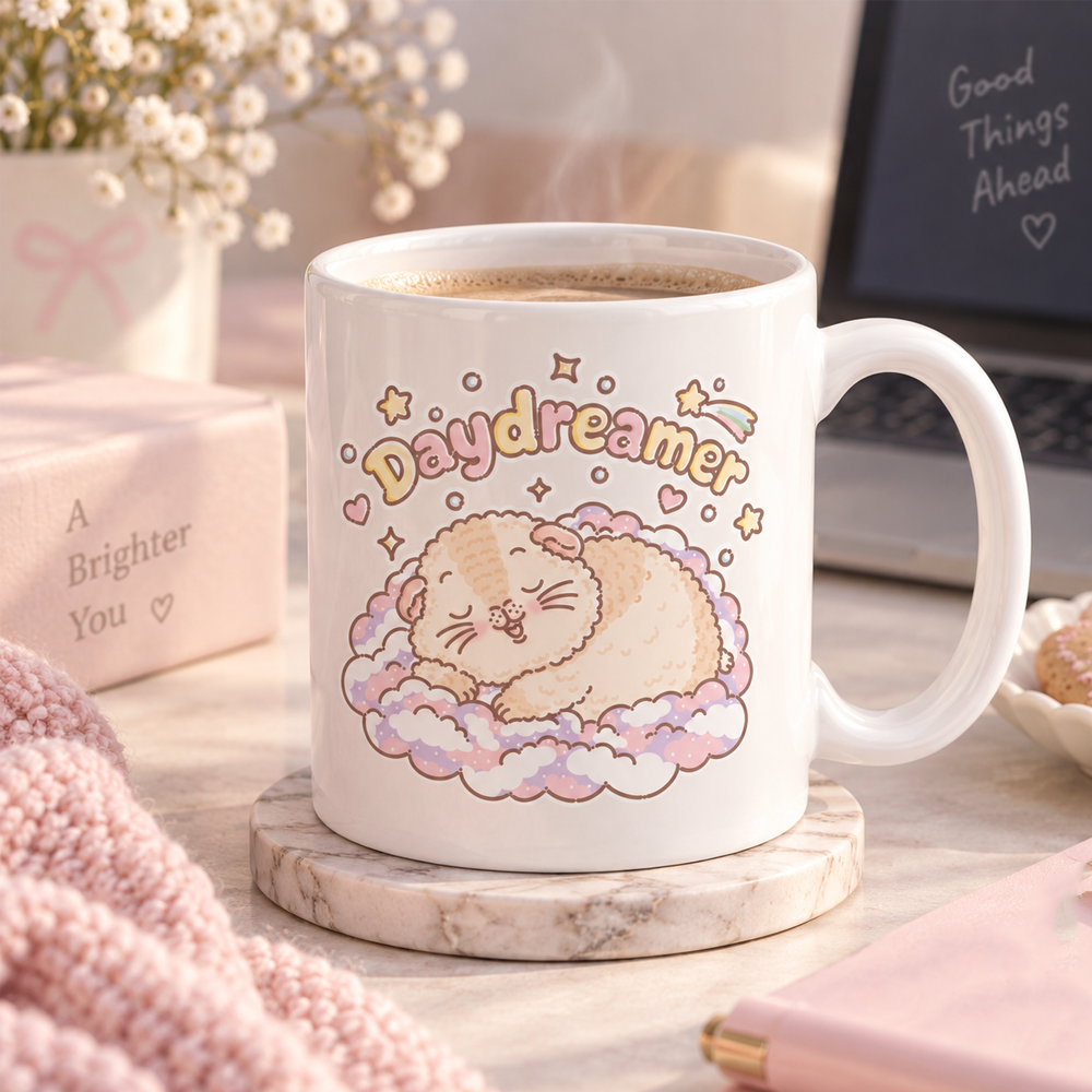 Daydreamer guinea pig mug with Halloumi design in a cosy setting