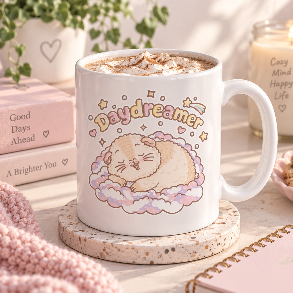 Halloumi Daydreamer guinea pig mug in a cosy pink setting