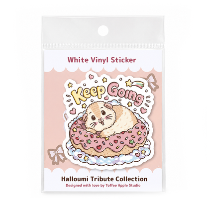 Keep Going Halloumi guinea pig sticker in clear packaging