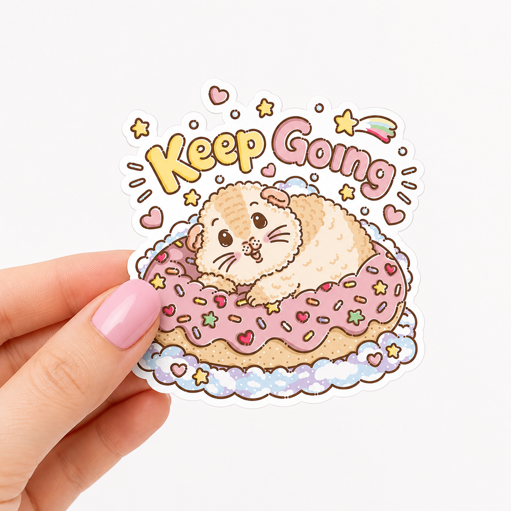 Keep Going Halloumi guinea pig sticker held in hand