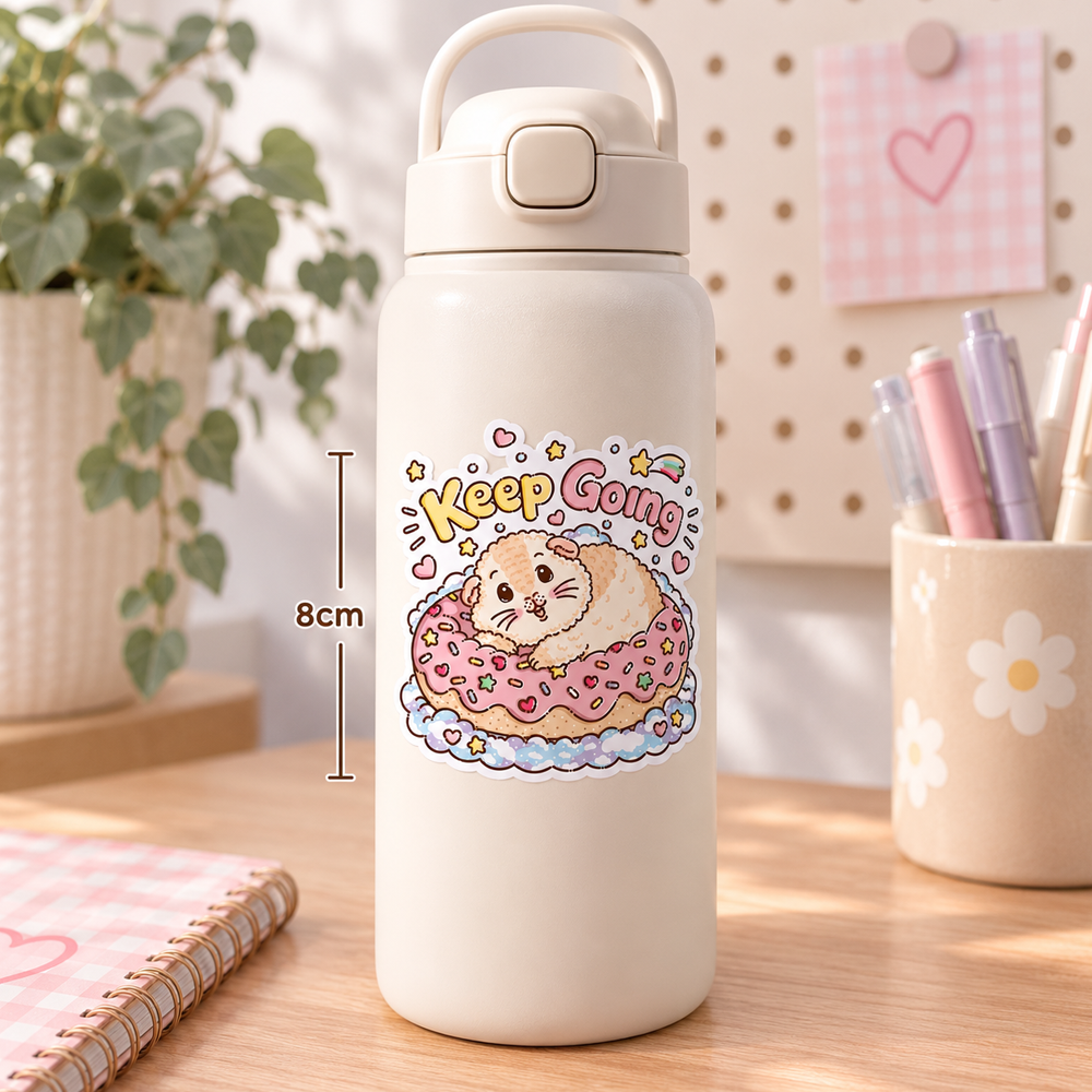 Keep Going Halloumi guinea pig sticker on a white water bottle